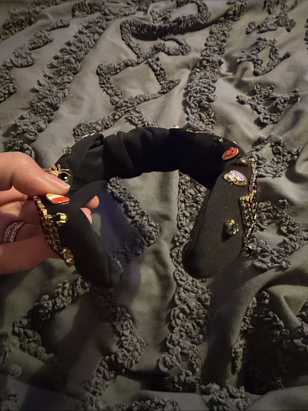 NWOT Black Embellished Knotted Headband with Gold Accents and Halloween Charms